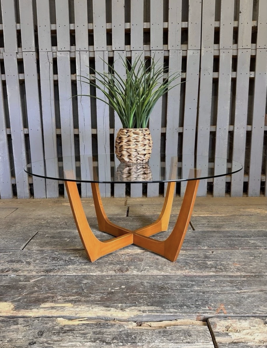 Glass Teak Legged Coffee Table