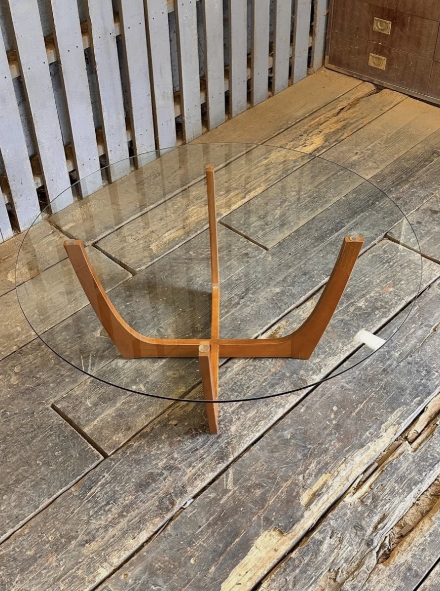 Glass Teak Legged Coffee Table - Image 2
